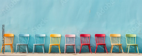 banner of colorful chairs against wall photo