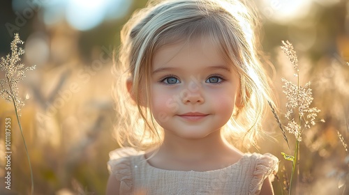 portrait of small toddler girl outdoors in summer nature holding grass