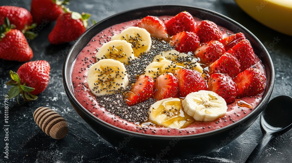 Delicious smoothie bowl topped with strawberries, bananas, and chia seeds, perfect for a healthy breakfast or snack option. Delicious smoothie bowl topped with strawberries, bananas, and chia seeds, perfect for a healthy breakfast or snack option.