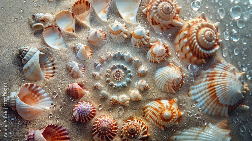 A collection of seashells arranged in a spiral pattern on wet sand, featuring a subtle color palette of soft pinks, pearly whites, pale blues, and light tans A collection of seashells arranged in a spiral pattern on wet sand, featuring a subtle color palette of soft pinks, pearly whites, pale blues, and light tans