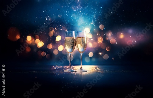 Two champagne glasses with golden liquid stand on a dark blue background. The background has blurry gold bokeh lights,  sparkling like stars. photo