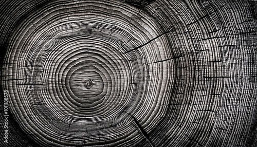 Warm gray cut wood texture. Detailed black and white texture of a felled tree trunk or stump. Rough organic tree rings with close up of end grain.