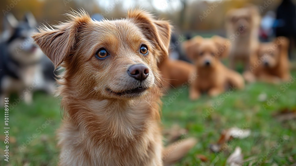 Obraz premium puppy socialization class with pets ,their owners participating dogs learning to interact ,socialize with other dogs ,humans under the guidance of professional dog trainer fun playing