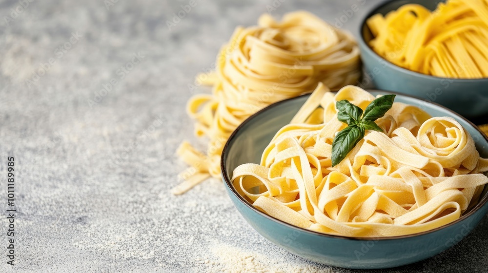 Uncooked Fettuccine Pasta with Basil in a Bowl. Uncooked Fettuccine Pasta with Basil in a Bowl.