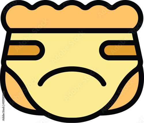 Simple vector illustration of a sad baby diaper with a frowning face emoji, perfect for projects related to childcare