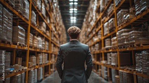 rear view of project manager standing in modern industrial factory manufacturing facility with robotics robotic arms ,automation storing products ,materials in warehouse