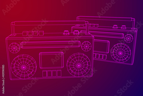 Retro Boombox outdated portable cassette tape recorder. Wireframe low poly mesh vector illustration.