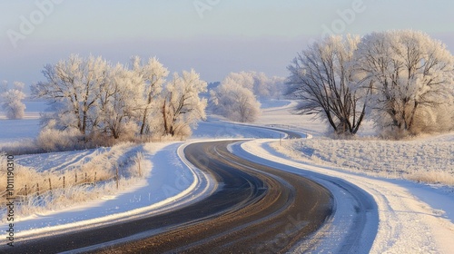 A winding winter road amidst frost-covered trees under a clear blue sky.