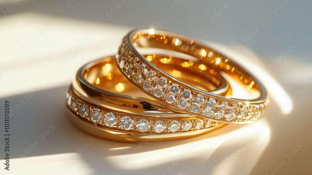Sparkling gold rings set with diamonds, photographed against a white ...