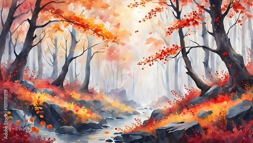 an autumn forest is a misty.