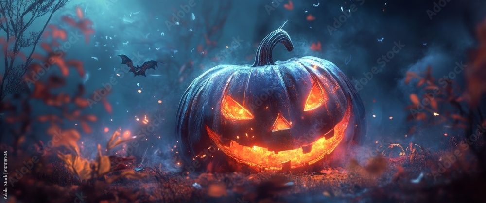 Halloween pumpkin with a glowing face in a magical forest at night