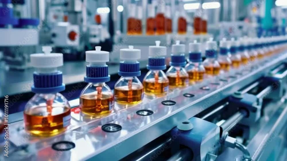 Bottles of Liquid Moving on a Conveyor Belt in a Pharmaceutical Factory Bottles of Liquid Moving on a Conveyor Belt in a Pharmaceutical Factory
