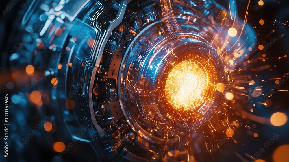 Obraz premium Futuristic energy core with vibrant sparks and glowing elements, symbolizing advanced technology and innovation.