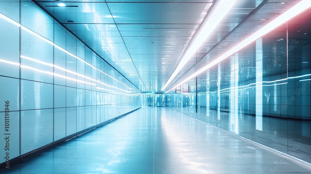 Futuristic interior of an empty corridor featuring sleek lines and glowing lights, creating a vibrant, modern atmosphere. Futuristic interior of an empty corridor featuring sleek lines and glowing lights, creating a vibrant, modern atmosphere.