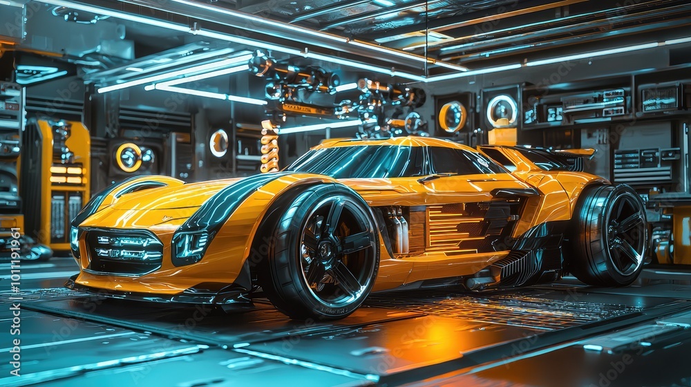 Futuristic orange racing car displayed in a high-tech garage, showcasing sleek design and advanced engineering. Futuristic orange racing car displayed in a high-tech garage, showcasing sleek design and advanced engineering.