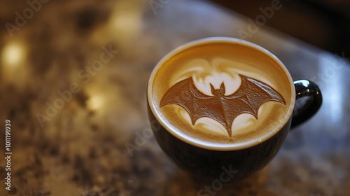 Indulge in a Halloween Themed Coffee featuring intricate bat Latte Art design that delights photo