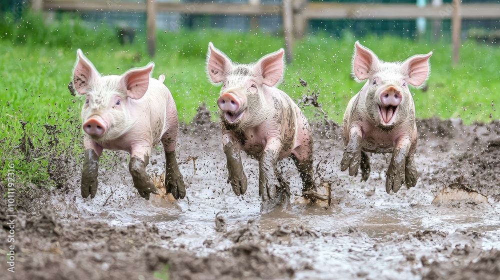 Happy pigs playfully splashing through muddy puddles in a green pasture, showcasing their playful nature and farm life. Happy pigs playfully splashing through muddy puddles in a green pasture, showcasing their playful nature and farm life.