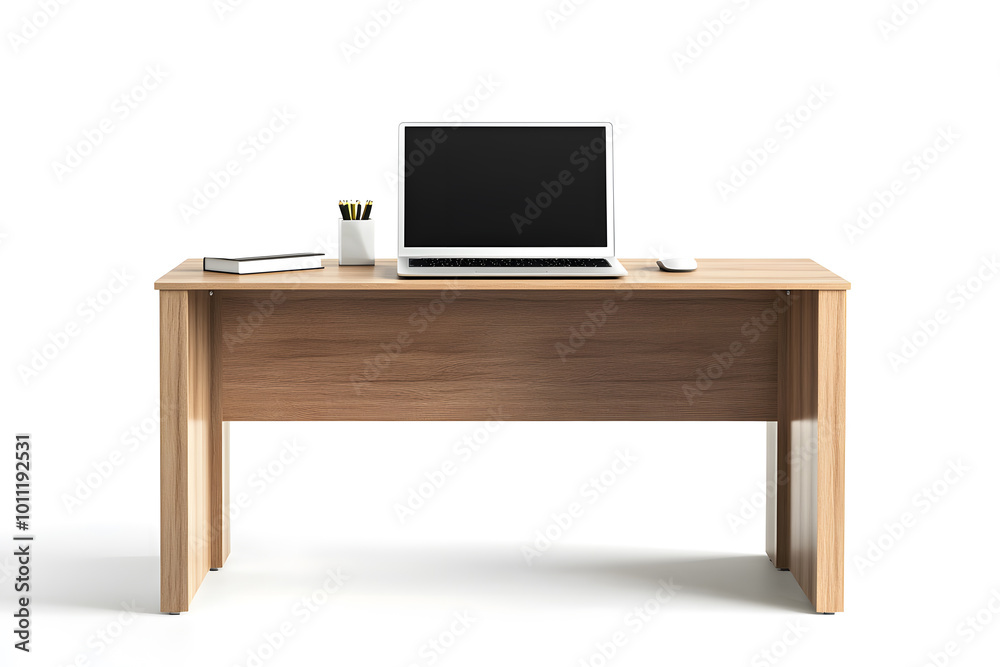 Modern wooden office desk with modern laptop computer mock up isolated on white background
Modern wooden office desk with modern laptop computer mock up isolated on white background