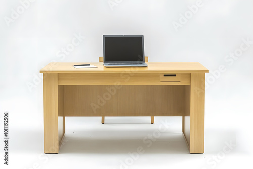 Modern wooden office desk with modern laptop computer mock up isolated on white background 