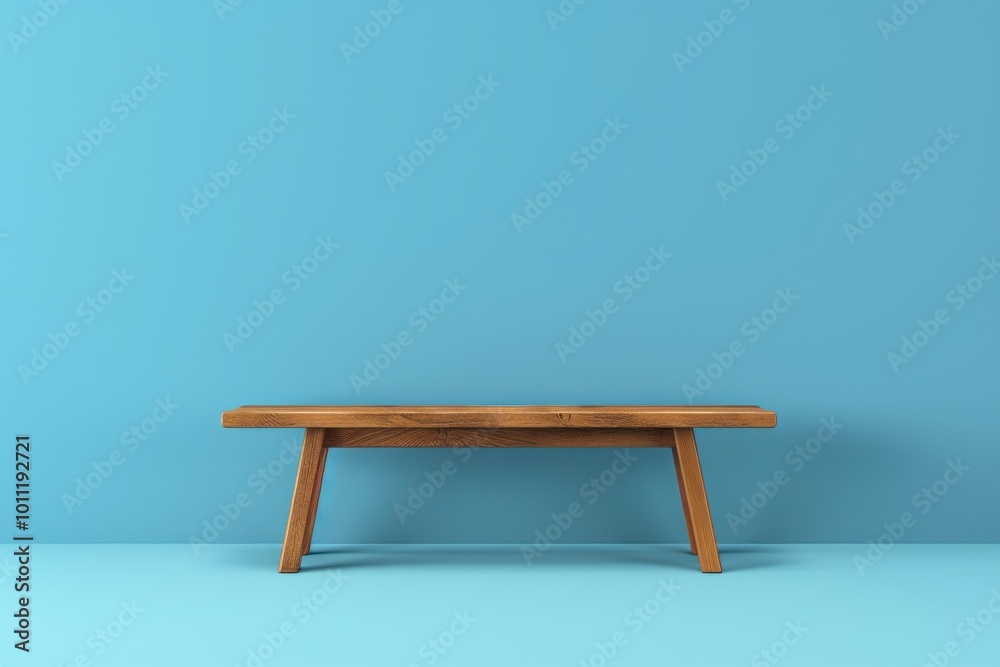 Stylish wooden table against a bright blue wall in a modern interior design setting Stylish wooden table against a bright blue wall in a modern interior design setting