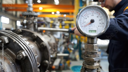 Industrial worker checks pressure gauge on machinery in factory, ensuring proper operation and safety of equipment. photo