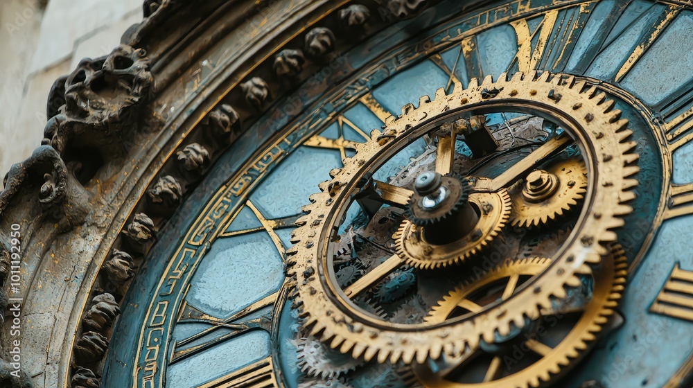 Fototapeta premium Intricate details of a vintage clock showing gears and ornate design, highlighting the beauty of classic craftsmanship.