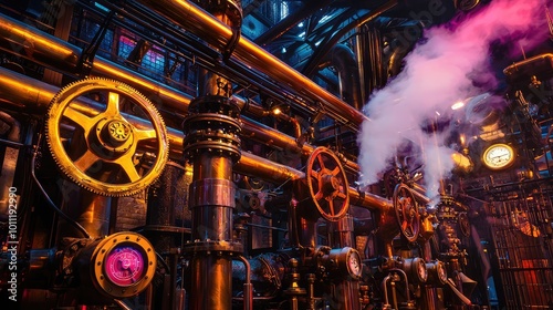 Intricate industrial machinery featuring vibrant pipes, valves, and steam, capturing the essence of a steampunk environment. photo