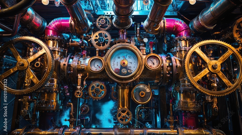 Intricate steampunk machinery featuring brass gears, colorful pipes, and pressure gauges, perfect for industrial or retro themes. Intricate steampunk machinery featuring brass gears, colorful pipes, and pressure gauges, perfect for industrial or retro themes.
