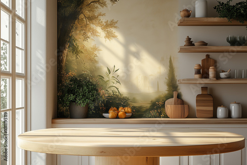 Modern living room with table and vibrant flowers, filled with light