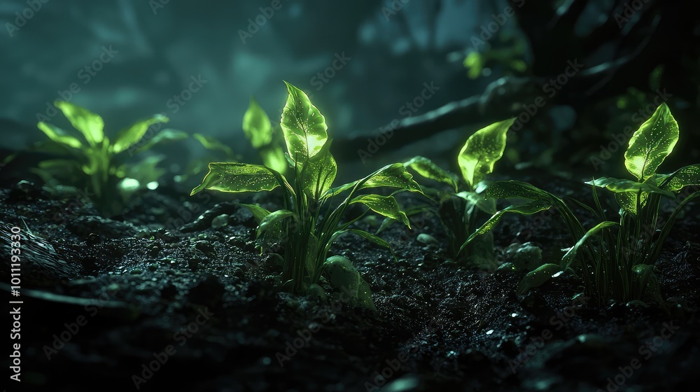 Lush green plants emerging from rich soil, illuminated by soft, natural light, creating a serene and vibrant atmosphere. Lush green plants emerging from rich soil, illuminated by soft, natural light, creating a serene and vibrant atmosphere.