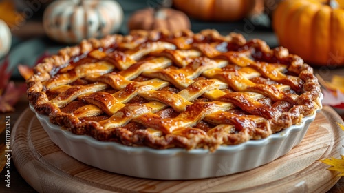 Delicious homemade apple pie rests atop a wooden board surrounded by autumn decorations and pumpkins. Generative AI