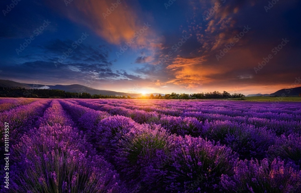 A vast field of lavender blossoms stretches out under a vibrant sunset sky, with hills in the distance.