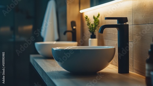 Modern bathroom design featuring elegant sinks, stylish faucets, and warm ambient lighting, creating a serene atmosphere.