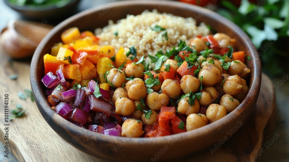 Colorful chickpea and vegetable bowl with quinoa served in a wooden bowl, garnished with fresh herbs for a nutritious meal