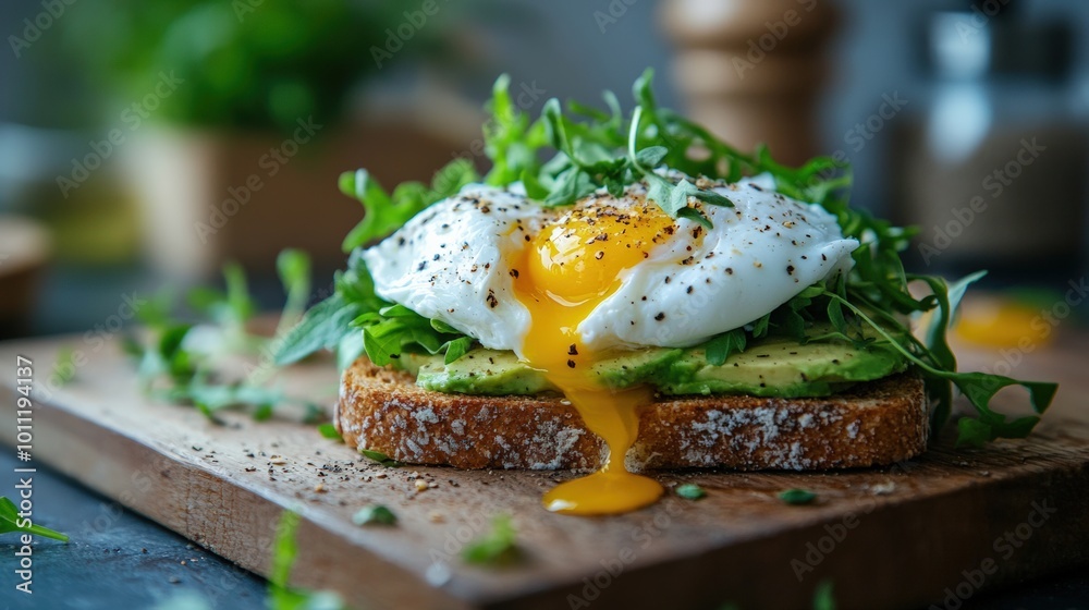 Delicious avocado toast topped with a perfectly poached egg on a wooden board, garnished with fresh greens, herbs, and spices