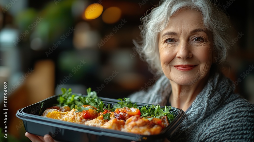 senior woman with getting home with food in lunchbox from local restaurant senior woman with getting home with food in lunchbox from local restaurant