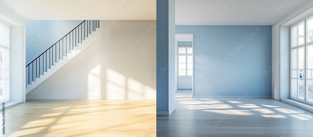 Obraz premium Empty Room with Stairs and Sunlight