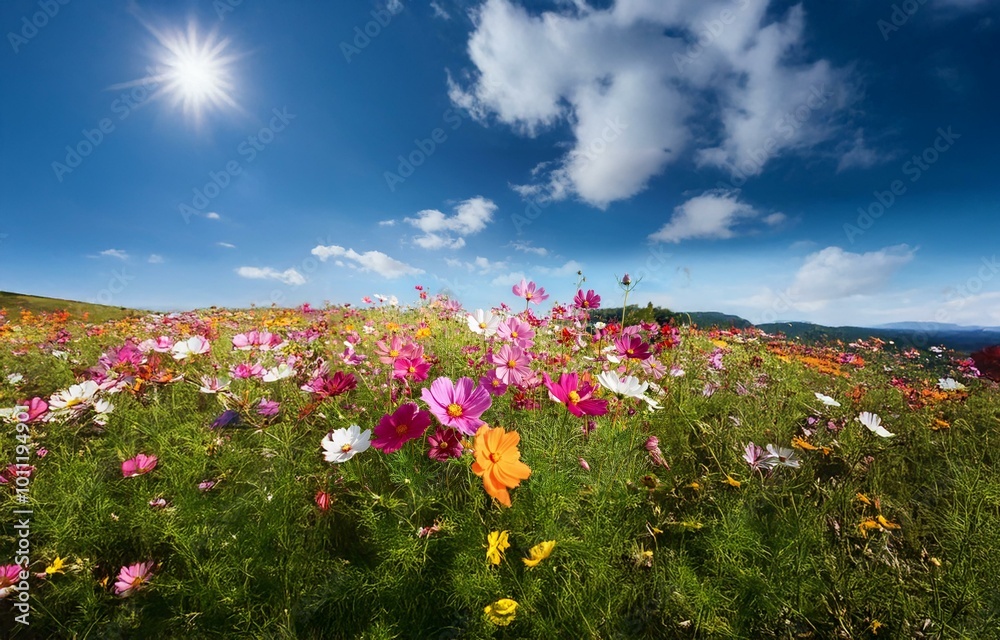 A field of colorful wildflowers blooms under a bright sun and a blue sky with fluffy clouds. A field of colorful wildflowers blooms under a bright sun and a blue sky with fluffy clouds.