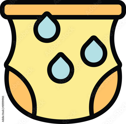 Cartoon style icon of a full baby diaper, with three drops falling, indicating a need for a diaper change