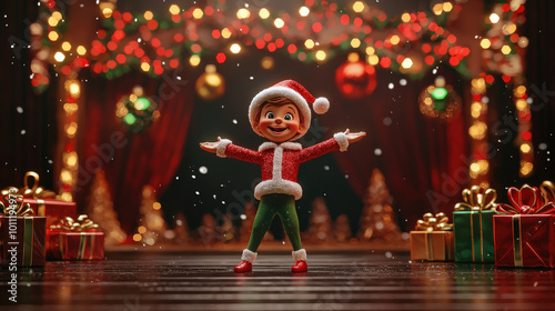 Festive elf character presenting holiday scene with gifts and decorations, spreading joy and cheer during Christmas season