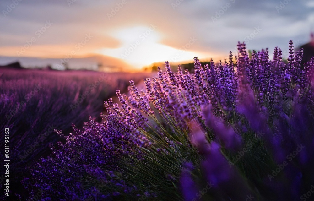 Obraz premium A field of purple lavender flowers against a blurred sunset sky.