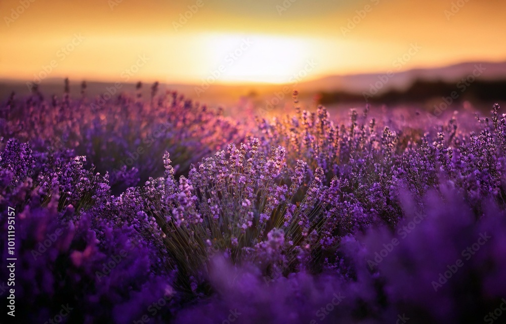 Obraz premium A field of purple lavender blossoms basks in the golden glow of a setting sun.