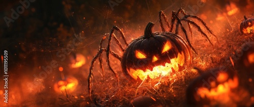Halloween pumpkins with spider legs, glowing eyes and flames in the background