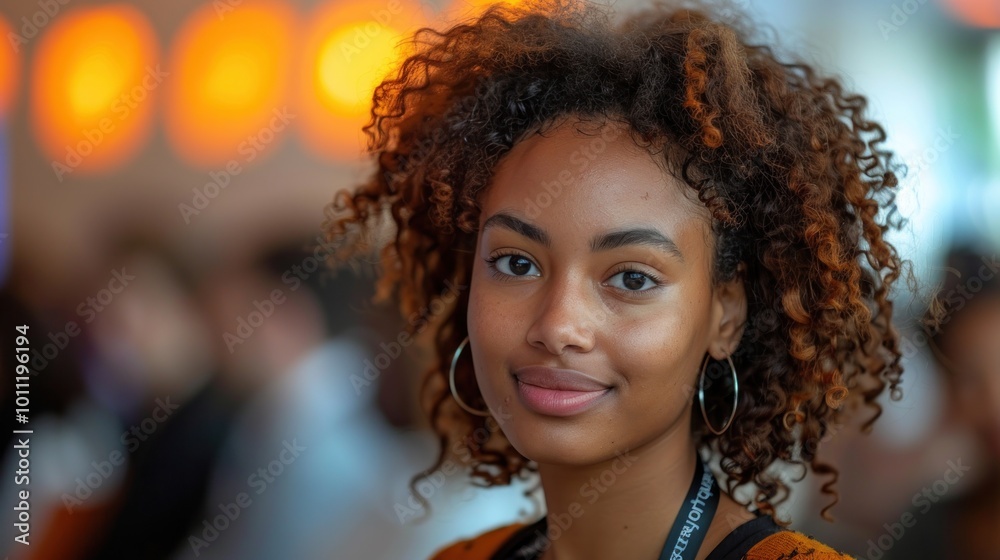 Young African American woman with curly hair smiling warmly at a bustling event, illuminated by soft ambient lighting. Generative AI Young African American woman with curly hair smiling warmly at a bustling event, illuminated by soft ambient lighting. Generative AI