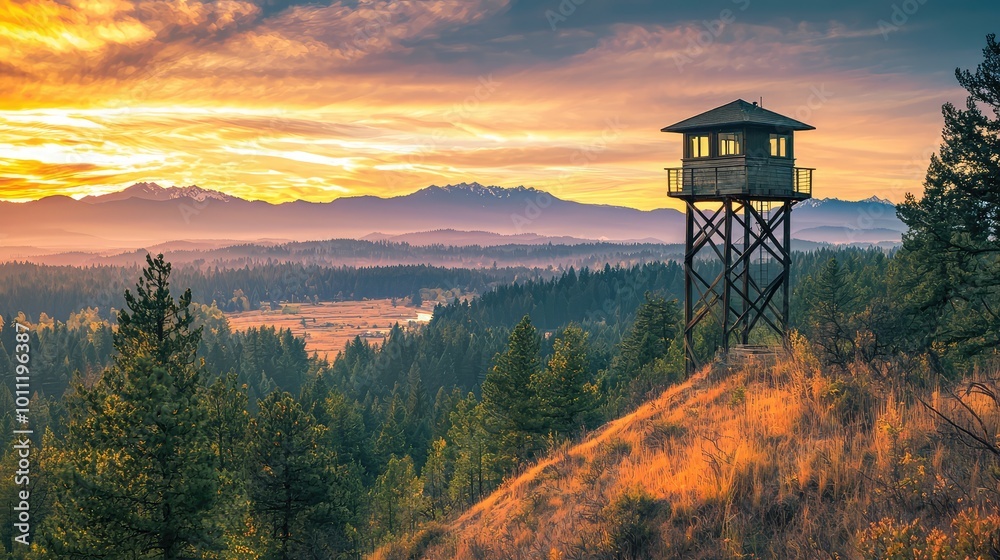 Scenic landscape featuring a lookout tower at sunset, surrounded by trees and mountains, capturing tranquil nature and beauty. Scenic landscape featuring a lookout tower at sunset, surrounded by trees and mountains, capturing tranquil nature and beauty.