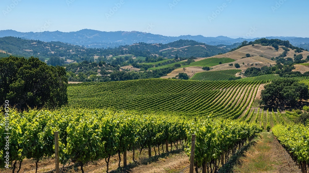 Fototapeta premium Scenic vineyard landscape showcasing lush green rows of grapevines under a clear blue sky, set against rolling hills.