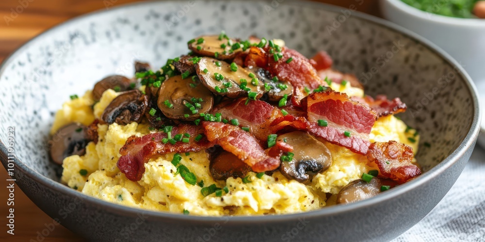 A bowl of scrambled eggs topped with mushrooms and crispy bacon, garnished with chives. A bowl of scrambled eggs topped with mushrooms and crispy bacon, garnished with chives.