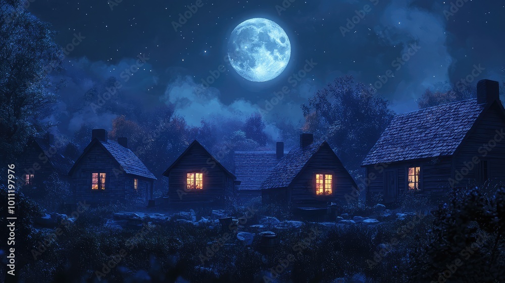 Serene night scene featuring quaint houses illuminated by warm lights under a full moon, surrounded by soft clouds and nature. Serene night scene featuring quaint houses illuminated by warm lights under a full moon, surrounded by soft clouds and nature.