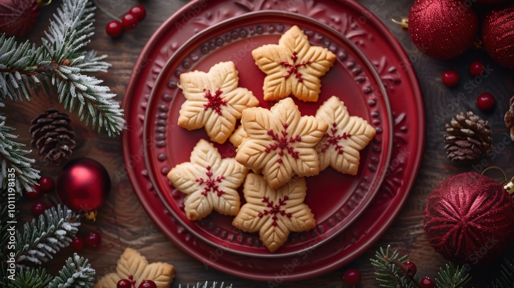Delightful holiday Christmas cookies arranged elegantly on a festive red plate, surrounded by seasonal decorations and charm. Generative AI Delightful holiday Christmas cookies arranged elegantly on a festive red plate, surrounded by seasonal decorations and charm. Generative AI