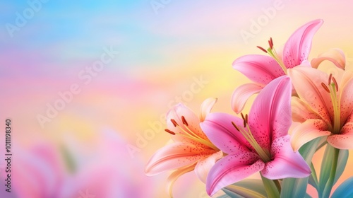 Pink and Peach Lilies Against a Soft Pastel Background, AI
